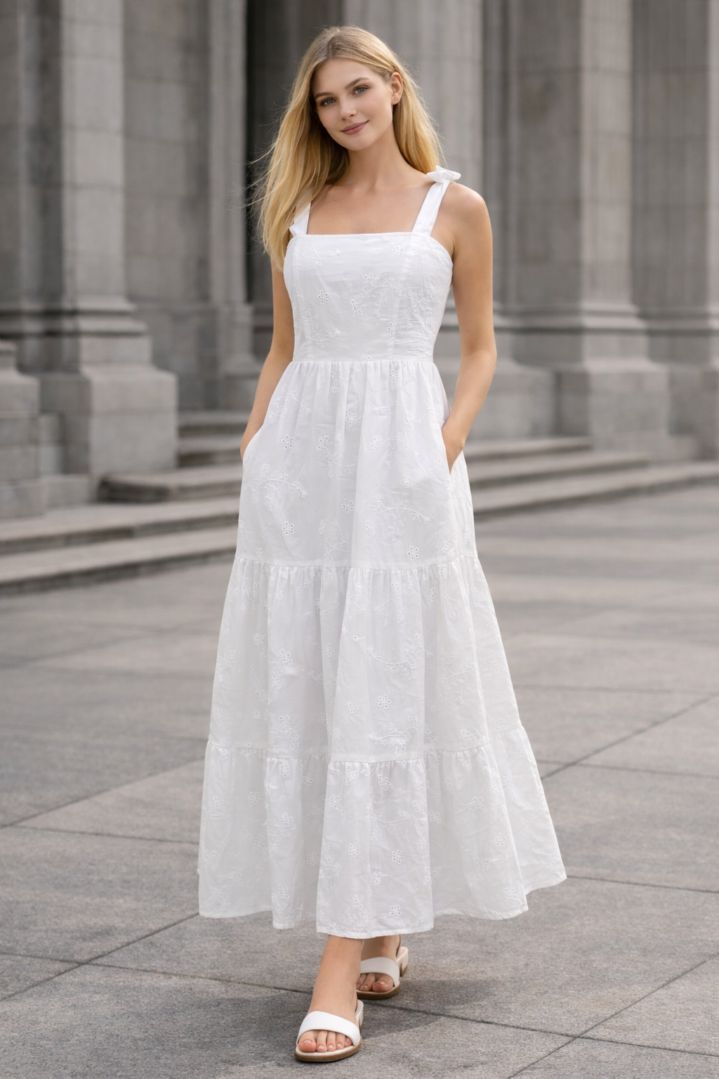 Elise Floral Eyelet Dress front Pure Bloom Embroidered Strap Dress - Image 1